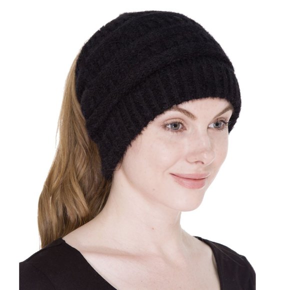 COPY - WOMENS BLACK KNITTED PONYTAIL BEANIE - NWT - OSFA - Picture 3 of 7